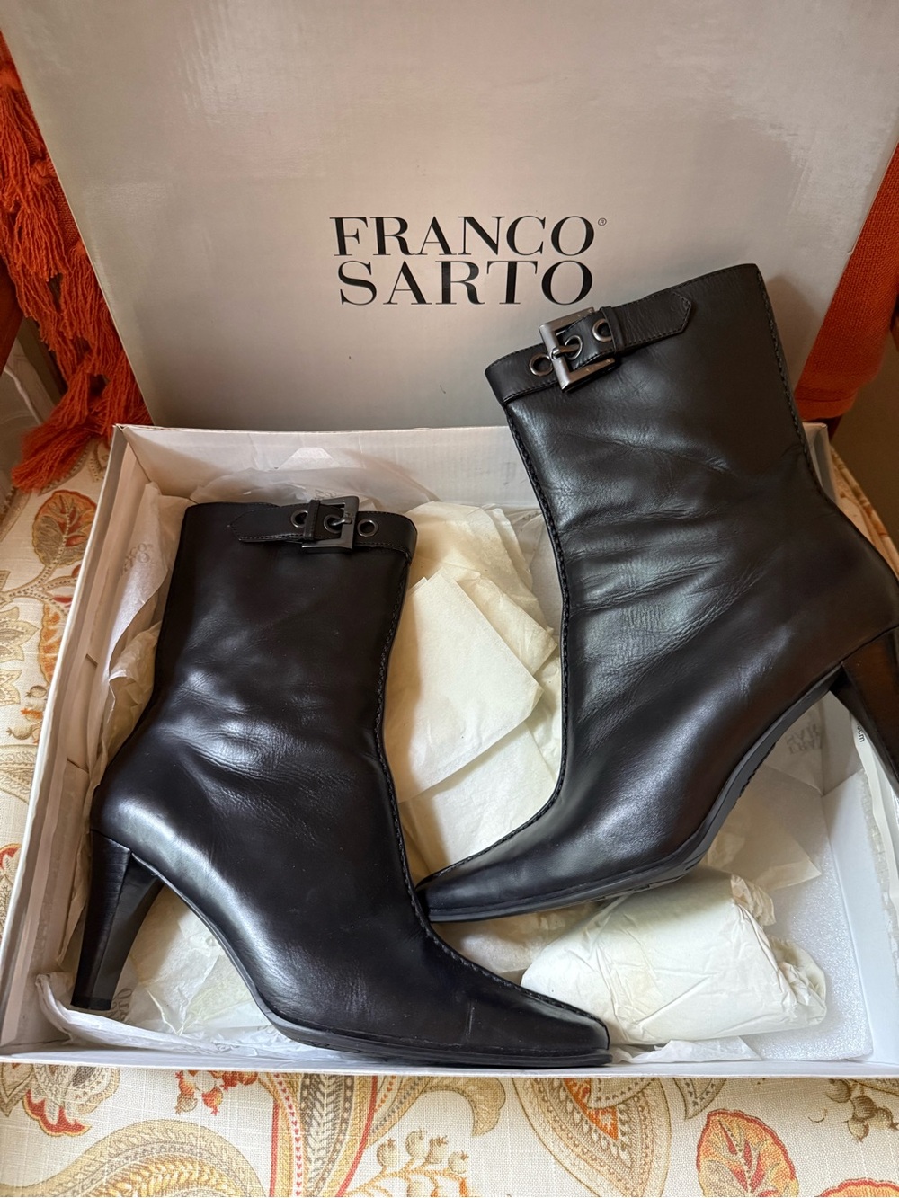 Franco Sarto Black Leather Mid-Heel Ankle Boots with Buckle in original box.